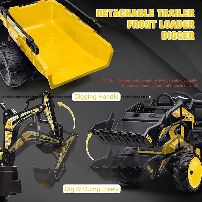 24V 3-in-1 Ride-On Tractor with Excavator &amp; Bulldozer Modes — Kids Electric Construction Vehicle with Trailer, Digger, Shovel Bucket, Parent Remote Control, LED Lights, Music &amp; USB, Battery