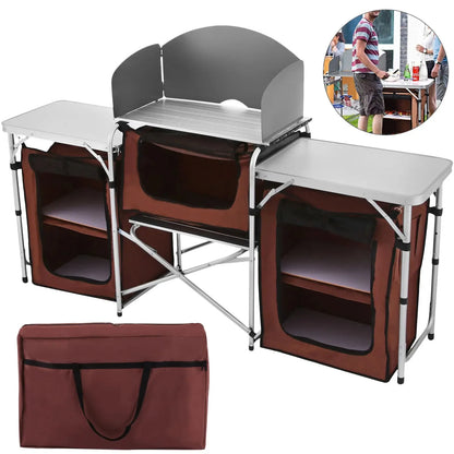 Premium Folding Camp Kitchen Table with Cabinet &amp; Windscreen | Aluminum + MDF
