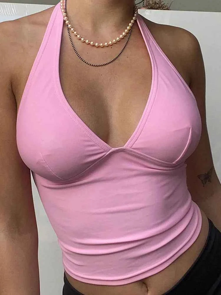 Summer Halter Camisole Tank Top Women V-Neck Sexy Tanks Camis Skinny Backless Pink Corset Tee Shirt Femme Tops WomanT-shirt