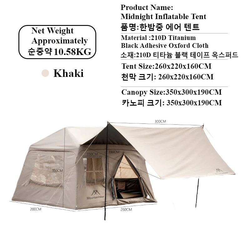 MOUNTAINHIKER Midnight Inflatable Tent – 3–5 Person | Four-Season | 1 Bedroom + Living Room | >3000mm Waterproof | Anti-UV | Black &amp; Khaki