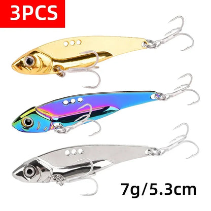 3-Piece Metal VIB Fishing Lure Set – Sinking Spinner Spoon Blade | 7g–25g | Treble Hook | Pike, Carp &amp; Sea Fishing