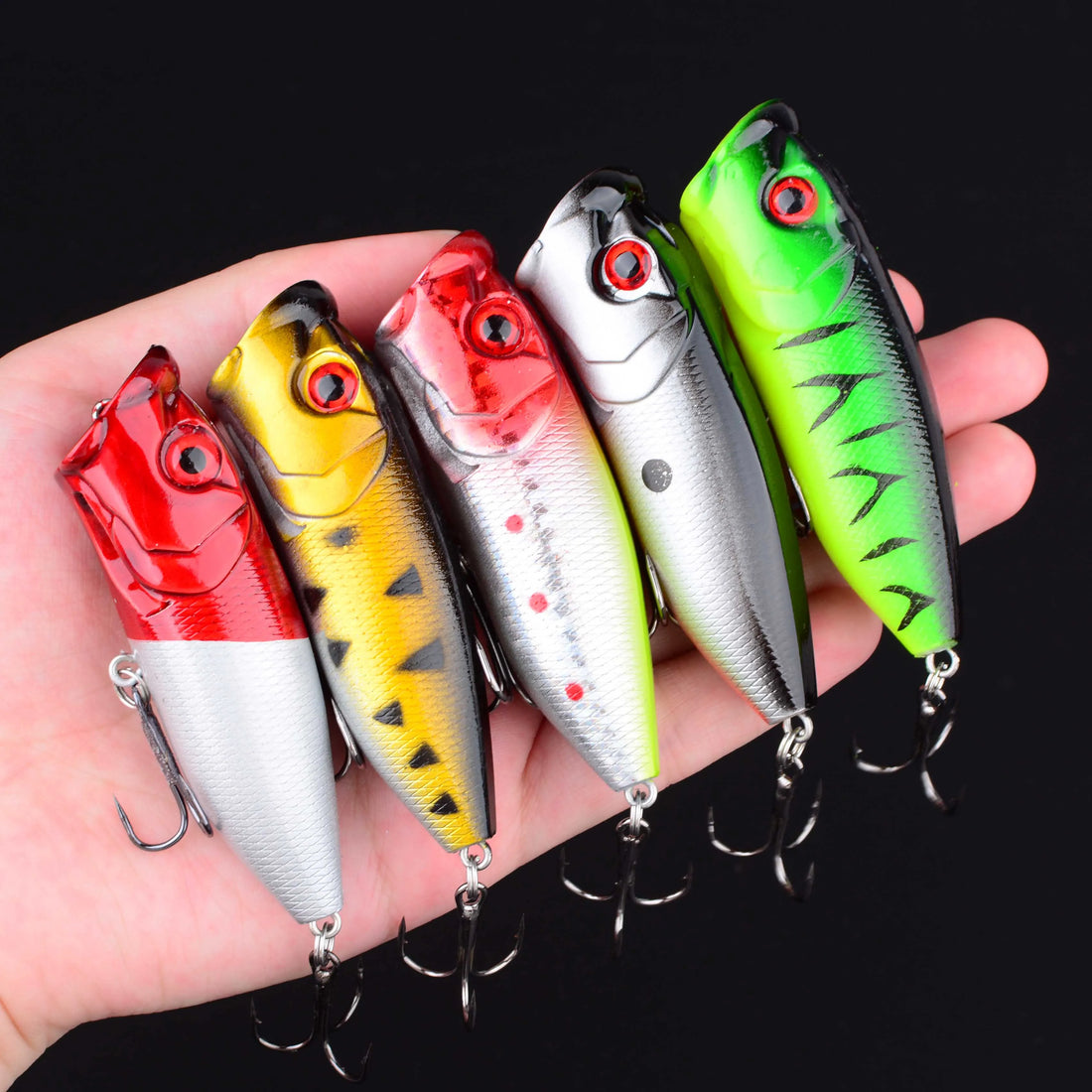 5pc Popper Floating Hard Bait Fishing Lure Set – Surface Chatterbait for Perch, Bass & Freshwater Fish