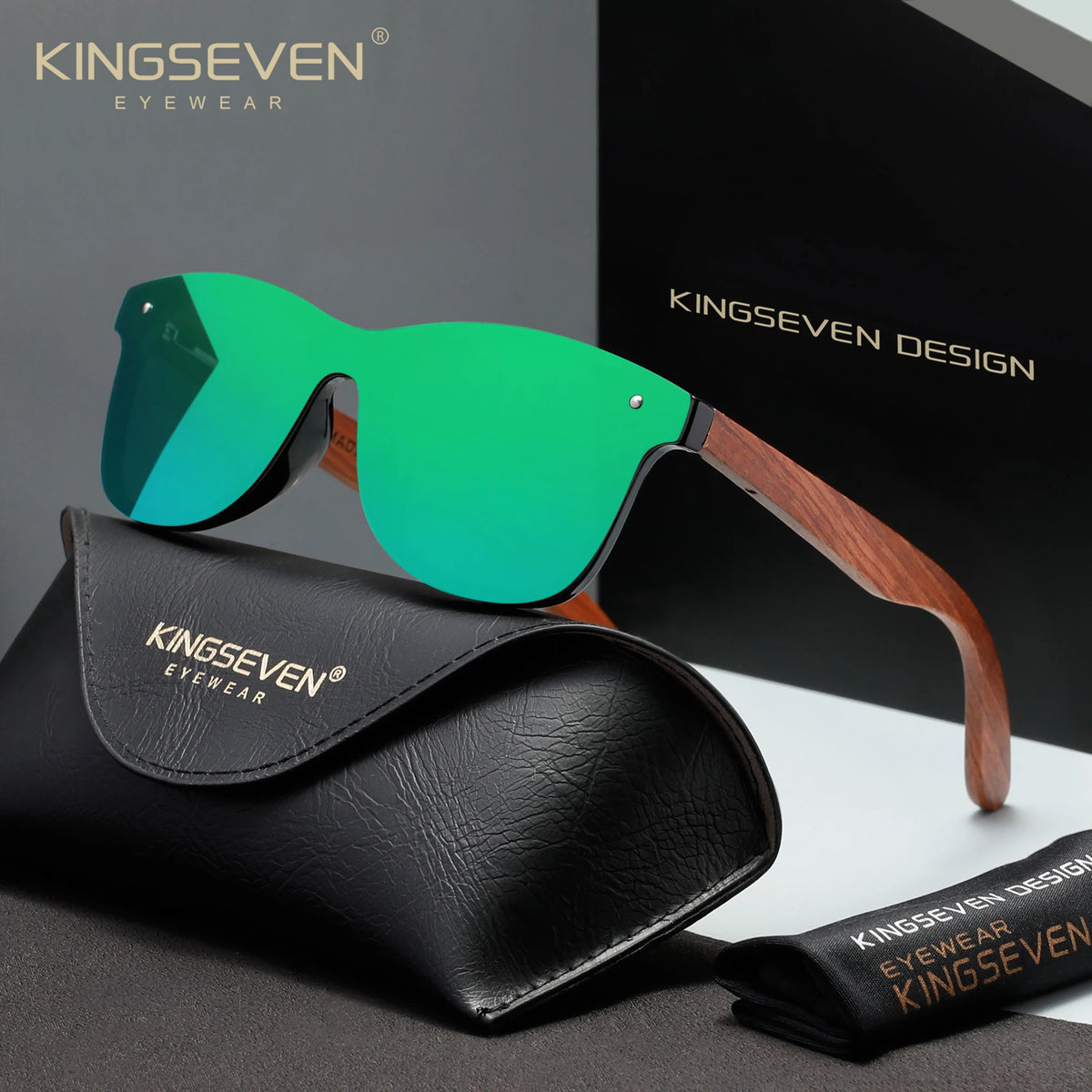 KINGSEVEN Wooden Rimless Polarized Sunglasses – UV400 Large Frame, Retro Style