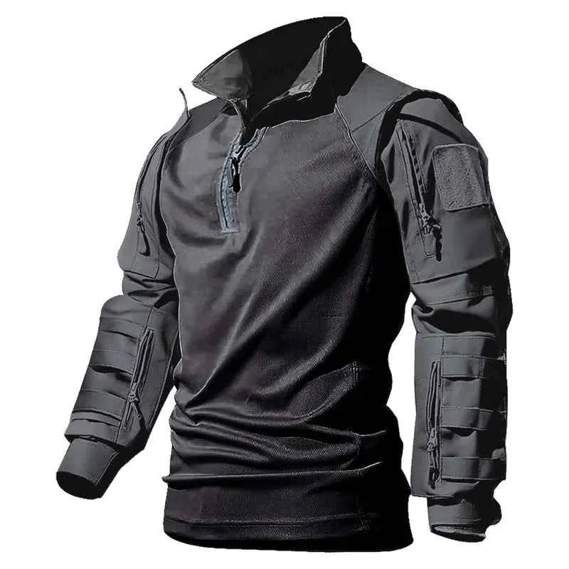Men Outdoor Tactical Shirts Solid Training Long-Sleeve T-Shirt Tops Wear-Resistant Hunting Shirt Multi-Pocket Adventure Workwear