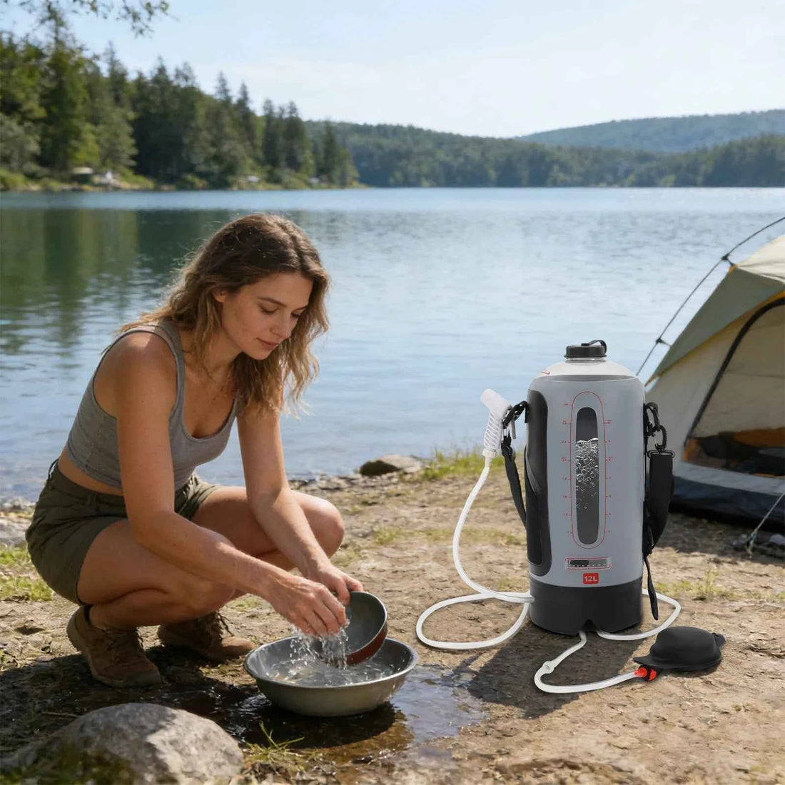 Bymaocar 12L Portable Pressure Camp Shower – 3-Gallon Solar Heating with Air Pump & Hose