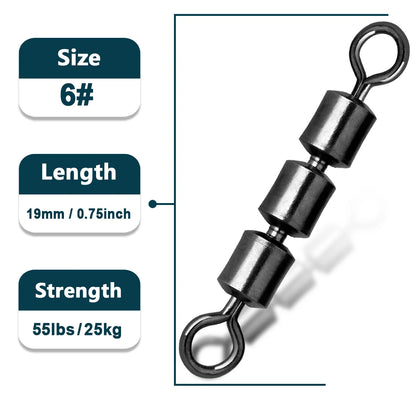 Triple Roller Barrel Swivels – High-Speed 3-Bearing Fishing Swivels (10 Sizes, 15/30/60 Pack)