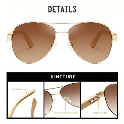 JUNCTURE KP1510 Wood &amp; Metal Pilot Sunglasses – Mirror UV400, Unisex