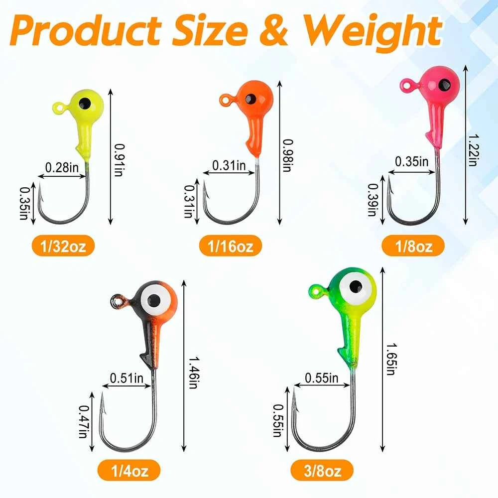 Shaddock Fishing Round Ball Head Jigs – Painted, Barbed Hook, 1/32–3/8 oz, 40 Pcs