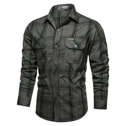 Men Plaid Casual Shirts Male Military Outdoor Loose Multi-pockets Tooling Shirts High Quality Man Large Long-sleeved Shirts 5XL