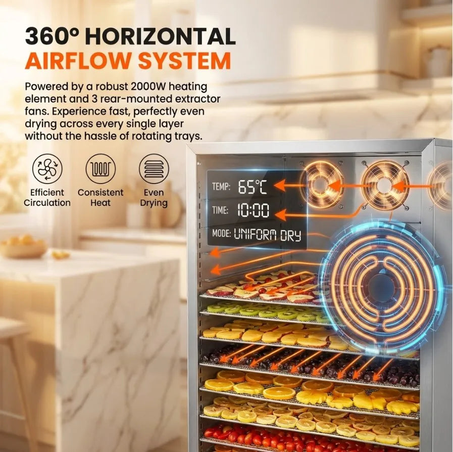 2000W Commercial Food Dehydrator 20 Trays Stainless Steel Jerky Maker 110V 220V Meat Fruit Dryer Machine 30-90℃ Pet Treat
