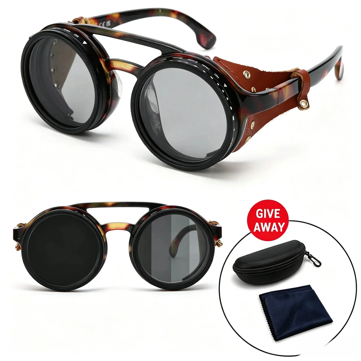 lafforgue ND9 Adjustable Dimming Steampunk Sunglasses – 9-Level ND Filter, Leather Side Shields, UV400, Unisex
