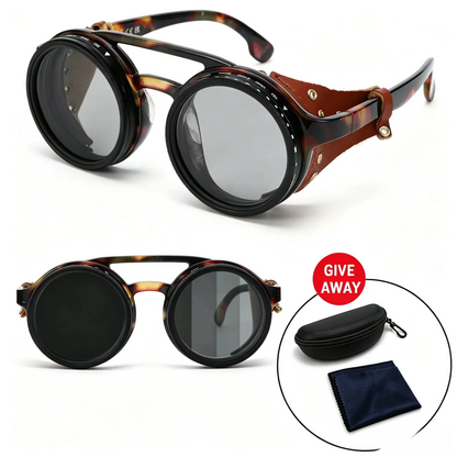 lafforgue ND9 Adjustable Dimming Steampunk Sunglasses – 9-Level ND Filter, Leather Side Shields, UV400, Unisex