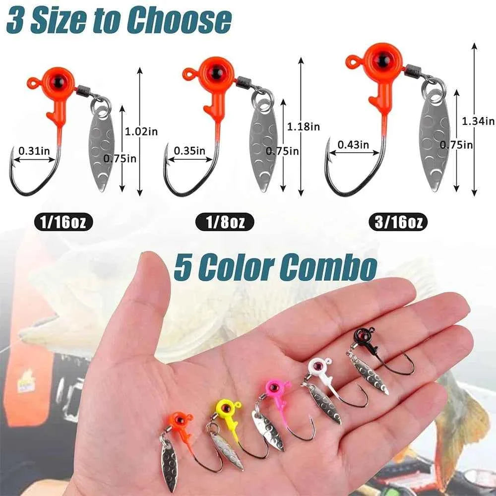 Shaddock Fishing Underspin Jig Heads with Willow Spinner Blade – Lead &amp; Carbon Steel, 1/16–3/16 oz, 20 Pcs