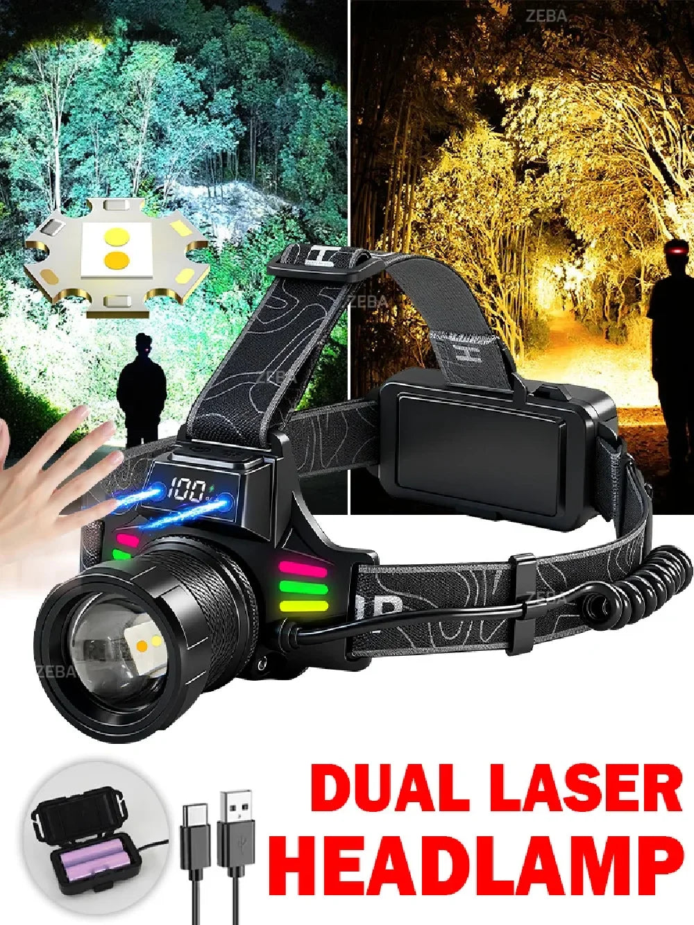 Super Bright Headlamp Dual Laser Motion Sensor Headlight 18650 USB Rechargeable Torch Yellow Light for Fog Night Running Fishing