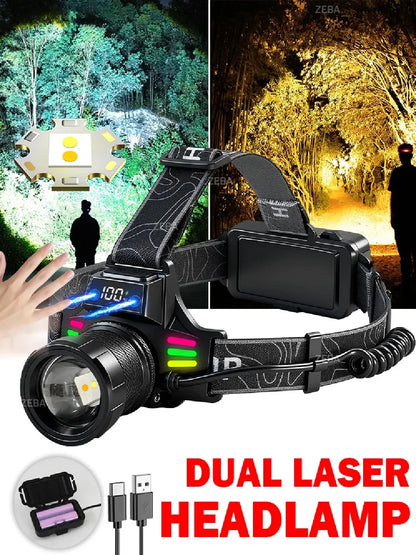 Super Bright Headlamp Dual Laser Motion Sensor Headlight 18650 USB Rechargeable Torch Yellow Light for Fog Night Running Fishing