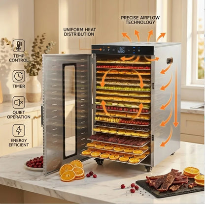 2000W Commercial Food Dehydrator 20 Trays Stainless Steel Jerky Maker 110V 220V Meat Fruit Dryer Machine 30-90℃ Pet Treat