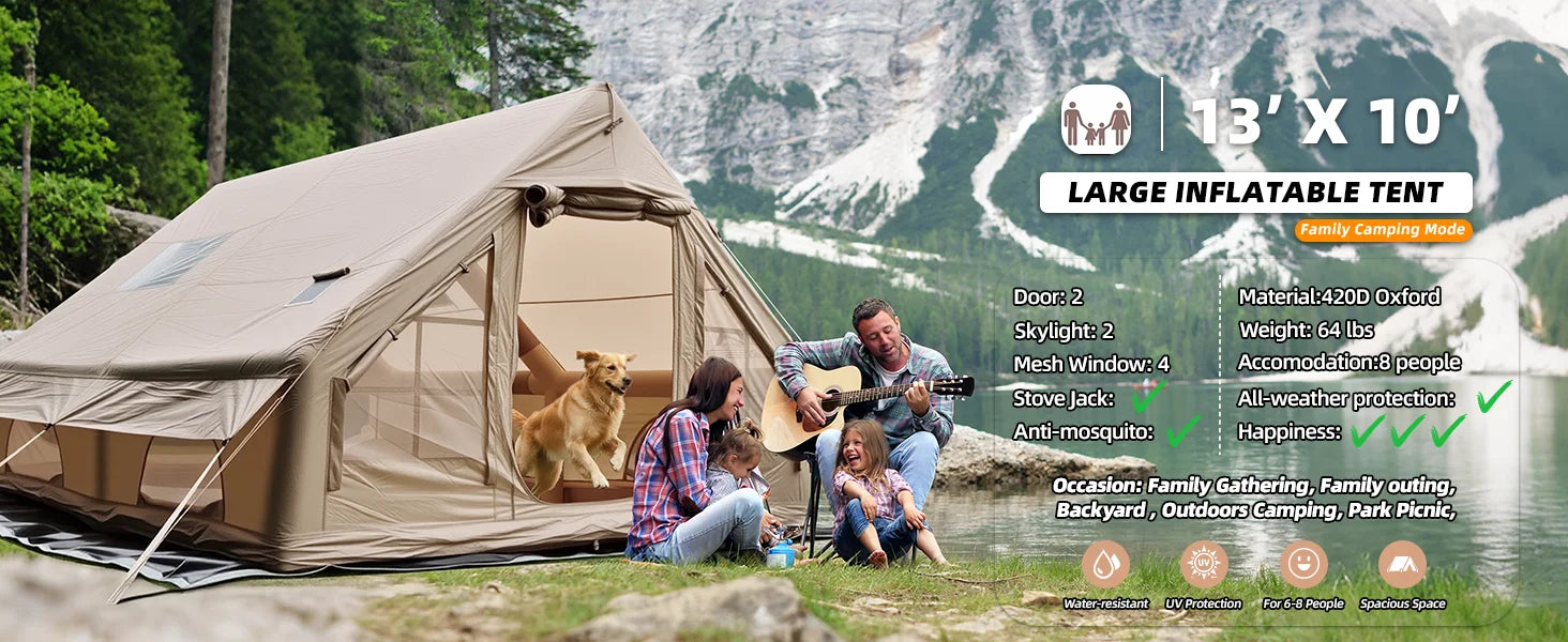 SENLEETO 6-8 Person Inflatable Camping Tent | Stove Jack, AC Vent &amp; Pump Included