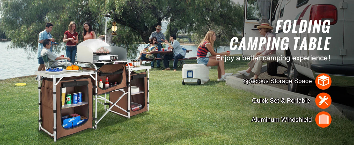 Premium Folding Camp Kitchen Table with Cabinet &amp; Windscreen | Aluminum + MDF