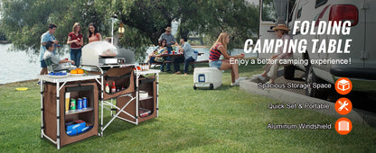 Premium Folding Camp Kitchen Table with Cabinet &amp; Windscreen | Aluminum + MDF