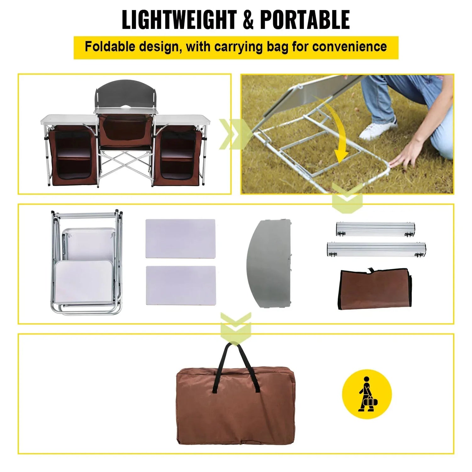 Premium Folding Camp Kitchen Table with Cabinet &amp; Windscreen | Aluminum + MDF