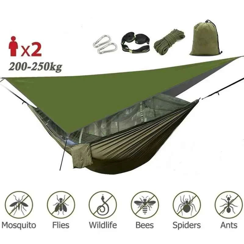 Double Camping Hammock with Mosquito Net, Rain Fly & Tree Straps – 2 Person | 210T Nylon | 600 lb | 3000mm Rainfly