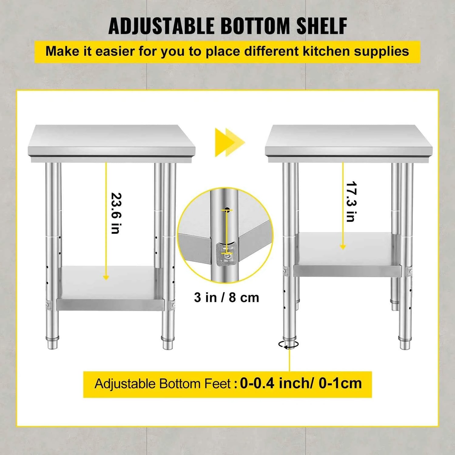 SucceBuy Stainless Steel Table for Prep &amp; Work Metal Commercial Kitchen Heavy Duty Table with Adjustable Shelf