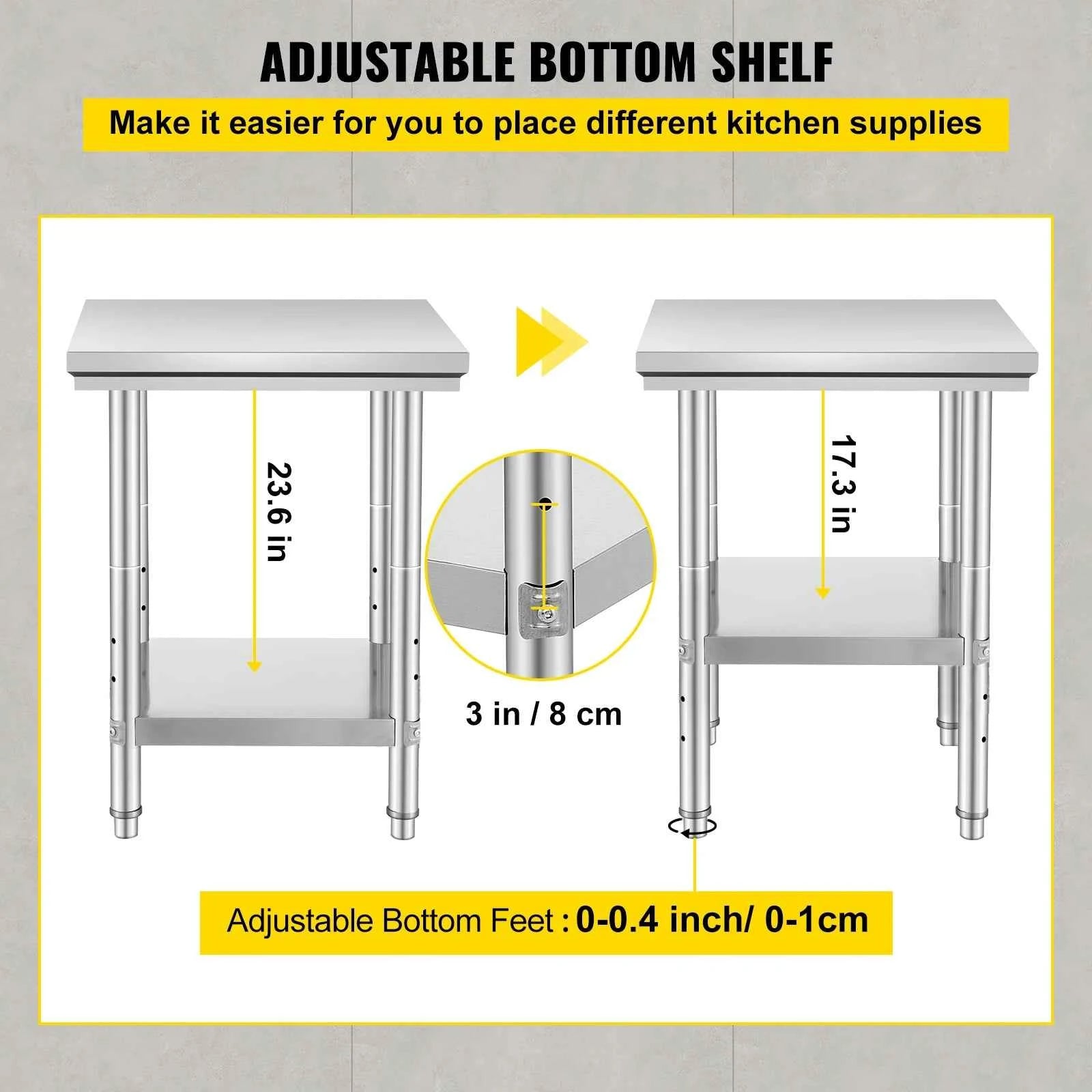 SucceBuy Stainless Steel Table for Prep &amp; Work Metal Commercial Kitchen Heavy Duty Table with Adjustable Shelf