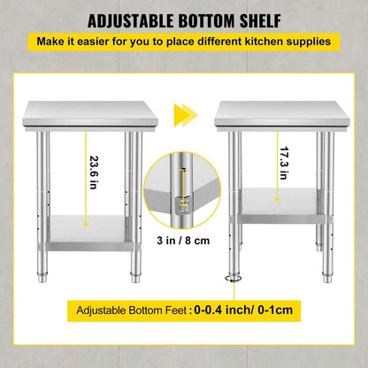 SucceBuy Stainless Steel Table for Prep &amp; Work Metal Commercial Kitchen Heavy Duty Table with Adjustable Shelf