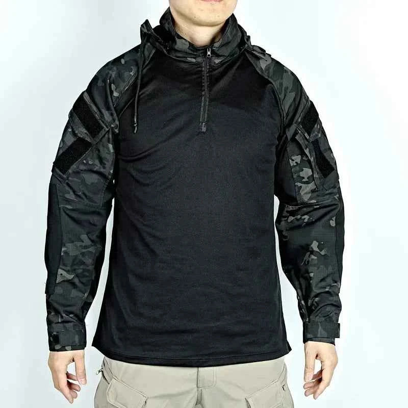 Tactical Combat Shirts Men Long Sleeve Breathable T-shirt Camo Hooded Quick-dry CS Paintball T-Shirt Tops Wear-resisting