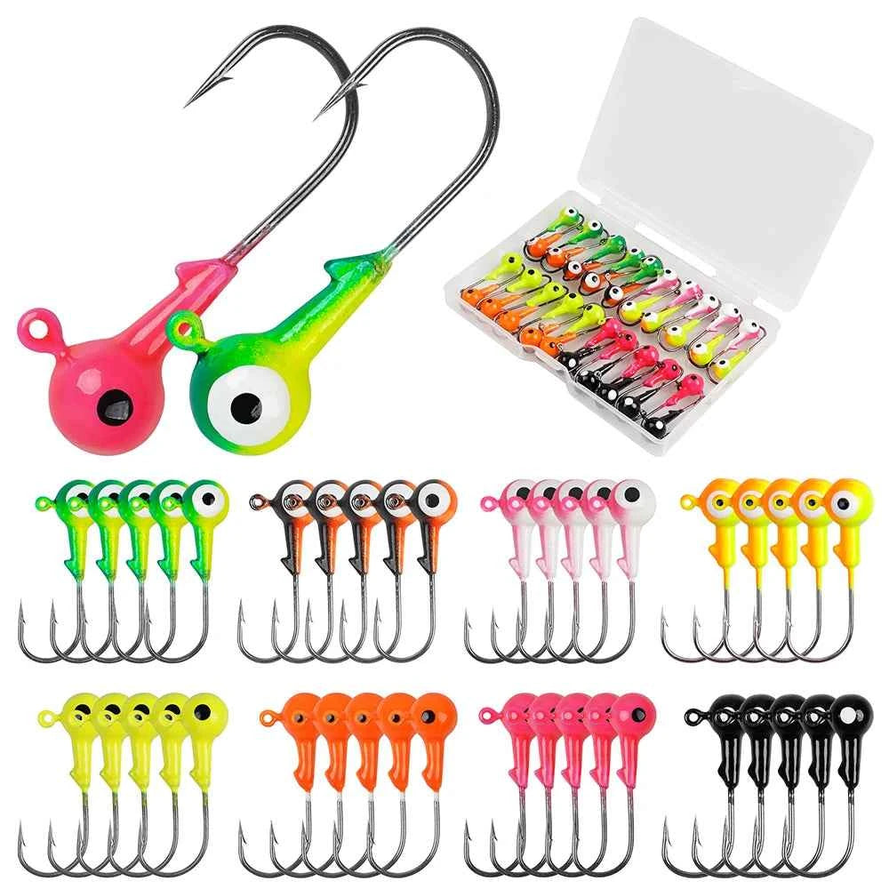 Shaddock Fishing Round Ball Head Jigs – Painted, Barbed Hook, 1/32–3/8 oz, 40 Pcs