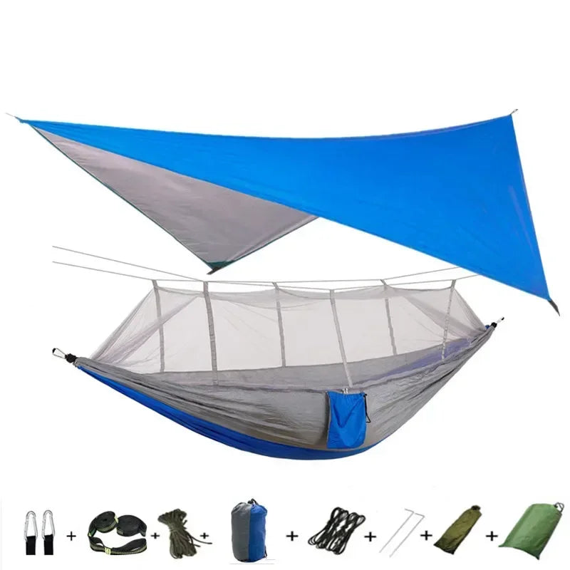 Double Camping Hammock with Mosquito Net, Rain Fly &amp; Tree Straps – 2 Person | 210T Nylon | 600 lb | 3000mm Rainfly