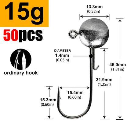 Round Ball Jig Heads – 50 Pack | Weedless Barbed Hook | 1g–20g | Bass, Crappie &amp; Trout