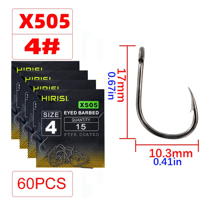 Hirisi X505 PTFE-Coated High Carbon Steel Barbed Carp Hooks – Long Shank, Sizes 