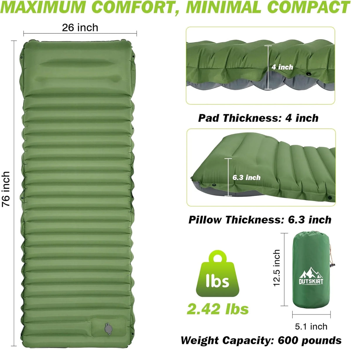 4-Inch Self-Inflating Camping Sleeping Pad – Extra Thick TPU Nylon Mat, Spliceable, for Hiking &amp; Outdoor Use