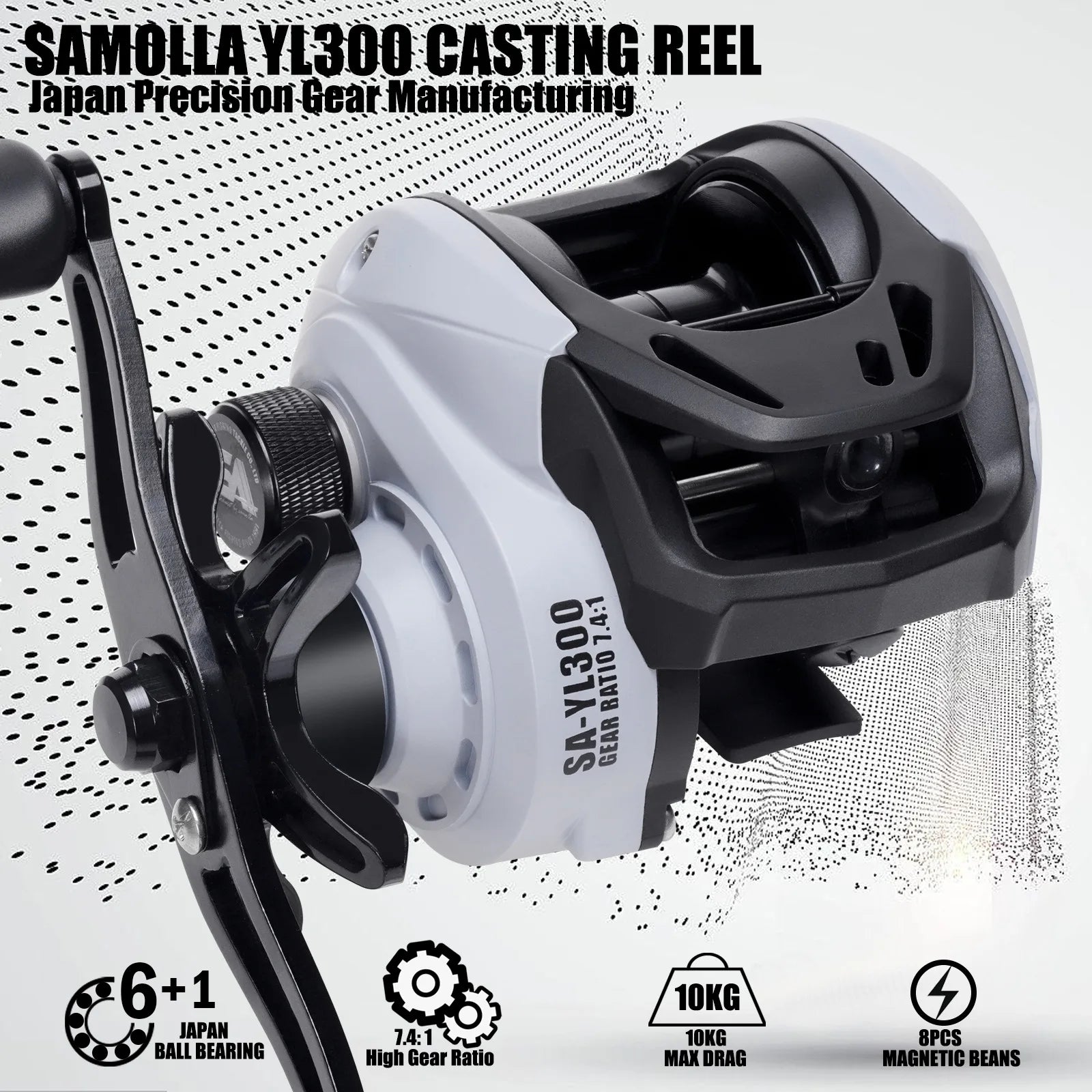 YL300 Baitcasting Fishing Reel – 6+1BB 7.4:1 Gear Ratio 10KG Drag Short-Shaft Spool for Snakehead, Lake &amp; Ocean Fishing