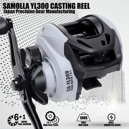 YL300 Baitcasting Fishing Reel – 6+1BB 7.4:1 Gear Ratio 10KG Drag Short-Shaft Spool for Snakehead, Lake &amp; Ocean Fishing
