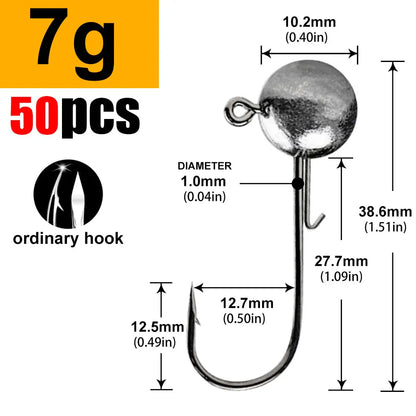 Round Ball Jig Heads – 50 Pack | Weedless Barbed Hook | 1g–20g | Bass, Crappie &amp; Trout