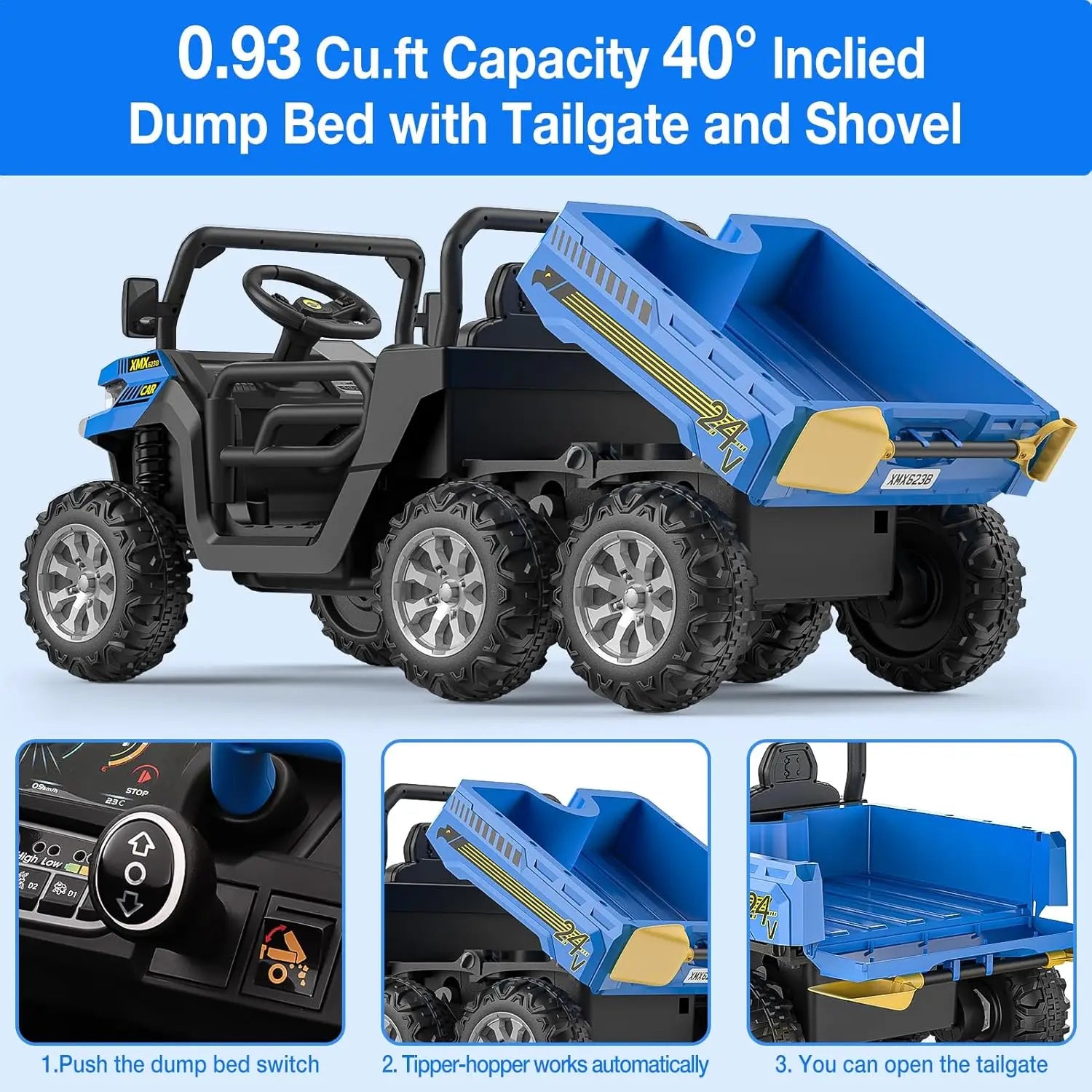 24V 2 Seater 6 Wheel Ride On Dump Truck with Parent Remote Control, 4WD Electric Car for Kids UTV Style Dump Bed &amp; Music Horn