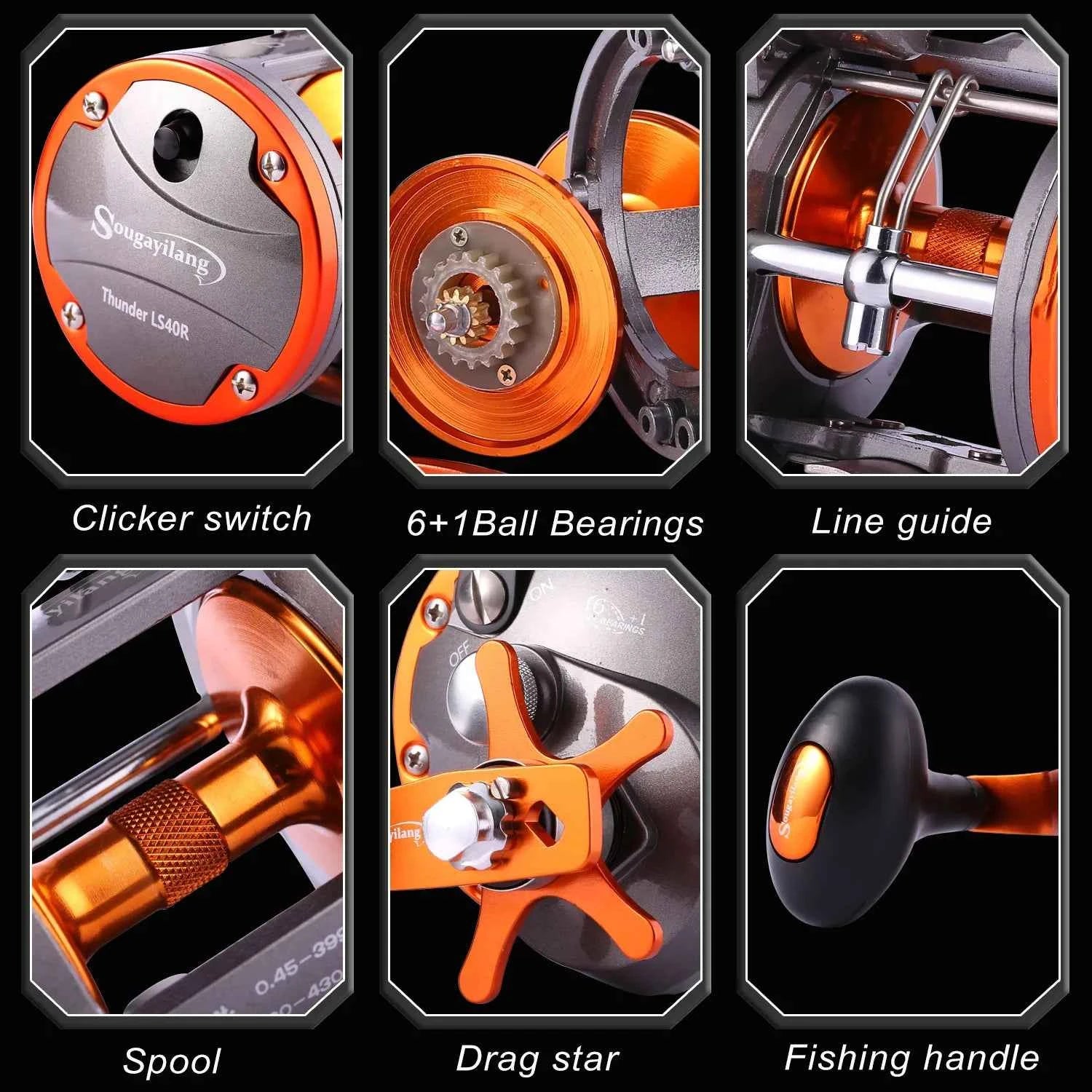 Sougayilang Line Counter Trolling Reel Conventional Level Wind Fishing Reel for Sea Bass Grouper 4.1:1/6+1BB Max Drag 30Kg