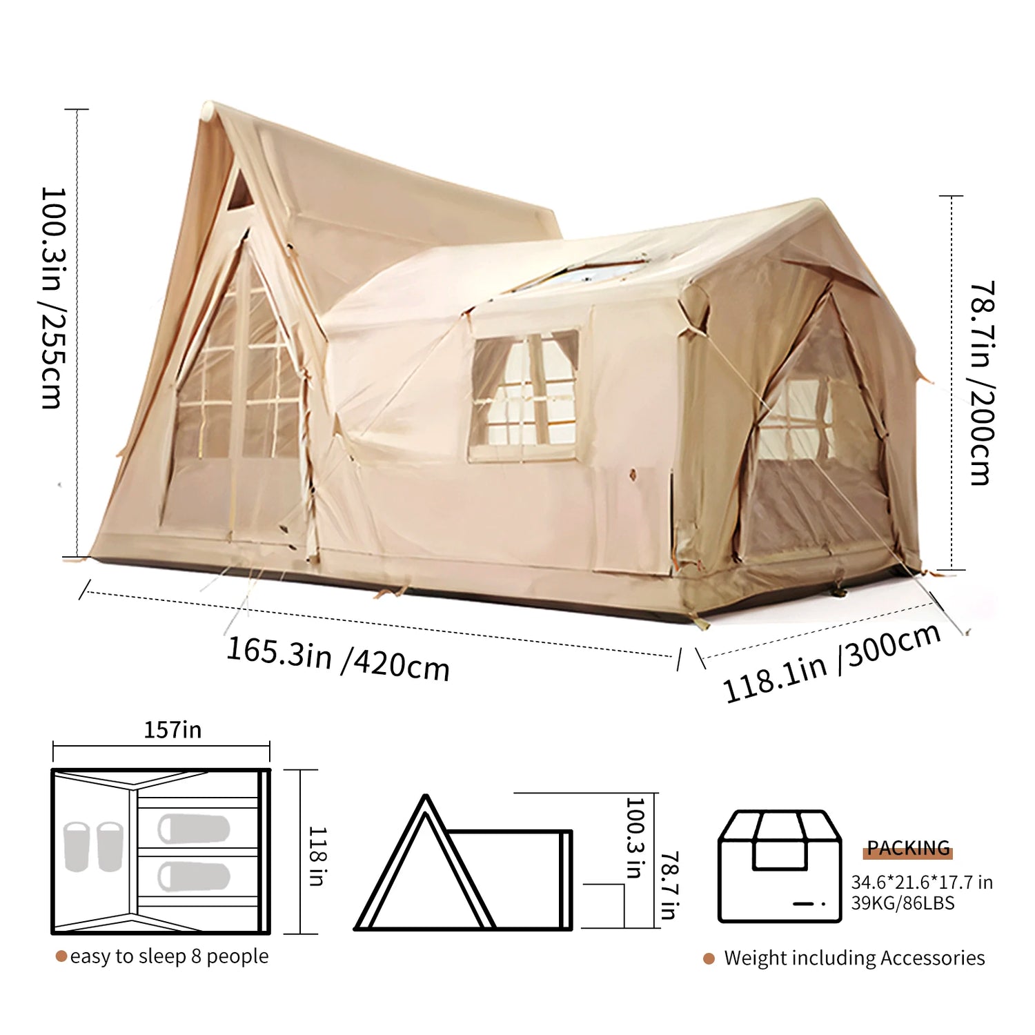 Large Inflatable Tent for 8-10 Person - 135 SQFT Inflatable Cabin Tents for Camping Instant Setup Blow up Tent 4 Season Waterpro