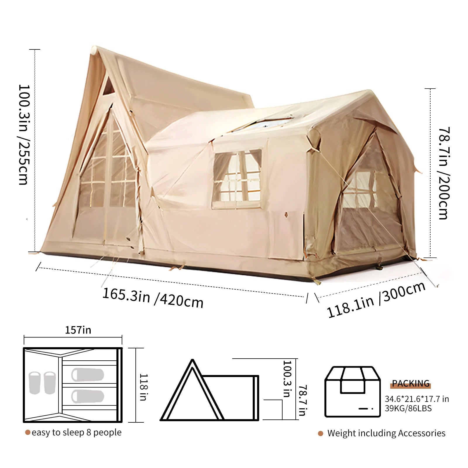 Large Inflatable Tent for 8-10 Person - 135 SQFT Inflatable Cabin Tents for Camping Instant Setup Blow up Tent 4 Season Waterpro