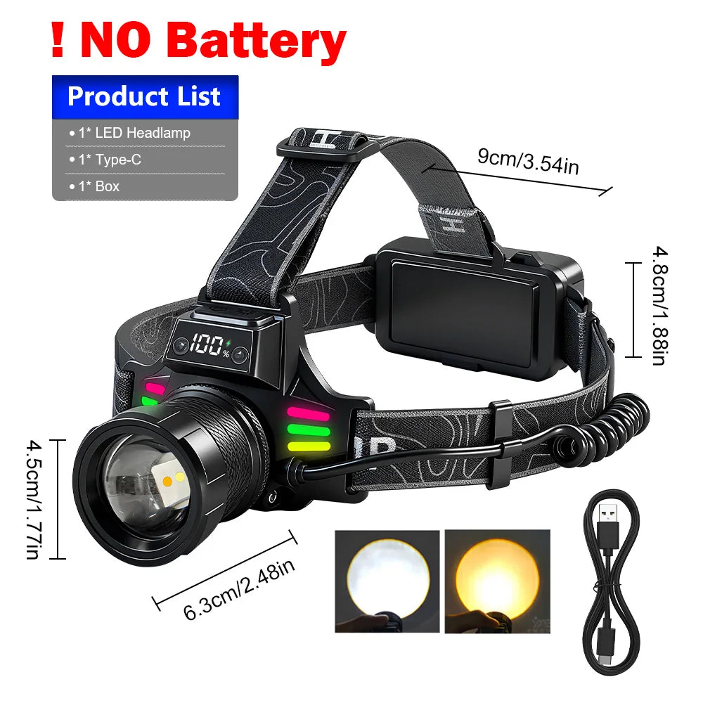 Super Bright Headlamp Dual Laser Motion Sensor Headlight 18650 USB Rechargeable Torch Yellow Light for Fog Night Running Fishing