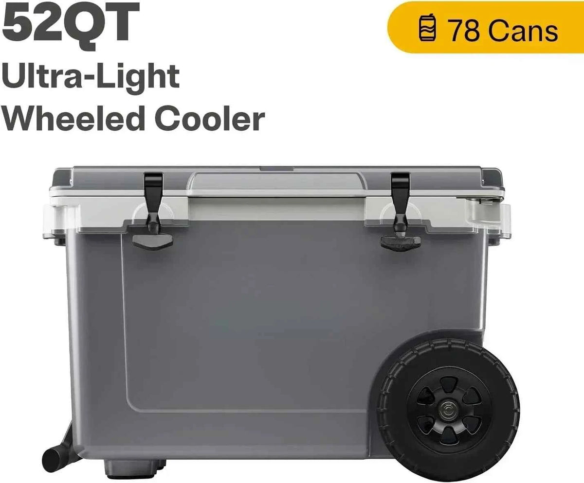 52-Quart Ultra-Light Wheeled Hard Cooler – Insulated Ice Chest with All-Terrain Wheels for Camping, Fishing &amp; Beach