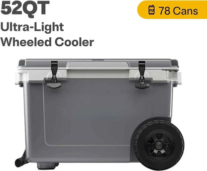 52-Quart Ultra-Light Wheeled Hard Cooler – Insulated Ice Chest with All-Terrain Wheels for Camping, Fishing &amp; Beach