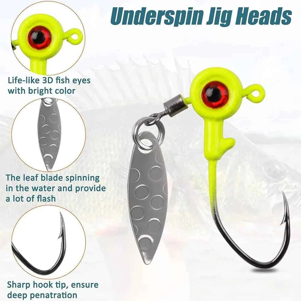 Shaddock Fishing Underspin Jig Heads with Willow Spinner Blade – Lead &amp; Carbon Steel, 1/16–3/16 oz, 20 Pcs