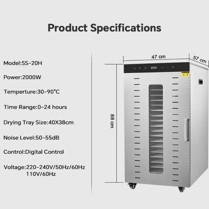 2000W Commercial Food Dehydrator 20 Trays Stainless Steel Jerky Maker 110V 220V Meat Fruit Dryer Machine 30-90℃ Pet Treat