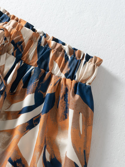 Women Casual Shorts Boho Abstract Print High Waist Ruffled Hem Drawstring Waist Flowy A Line Spring Summer Beach Vacation Shorts