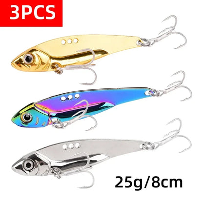 3-Piece Metal VIB Fishing Lure Set – Sinking Spinner Spoon Blade | 7g–25g | Treble Hook | Pike, Carp &amp; Sea Fishing