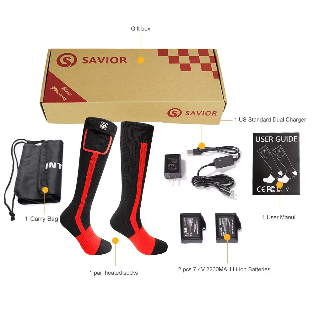 Savior Heat SS04R Heated Socks – Far-Infrared Electric Thermal, 3-Heat Settings, 7.4V Rechargeable, Unisex S–XL