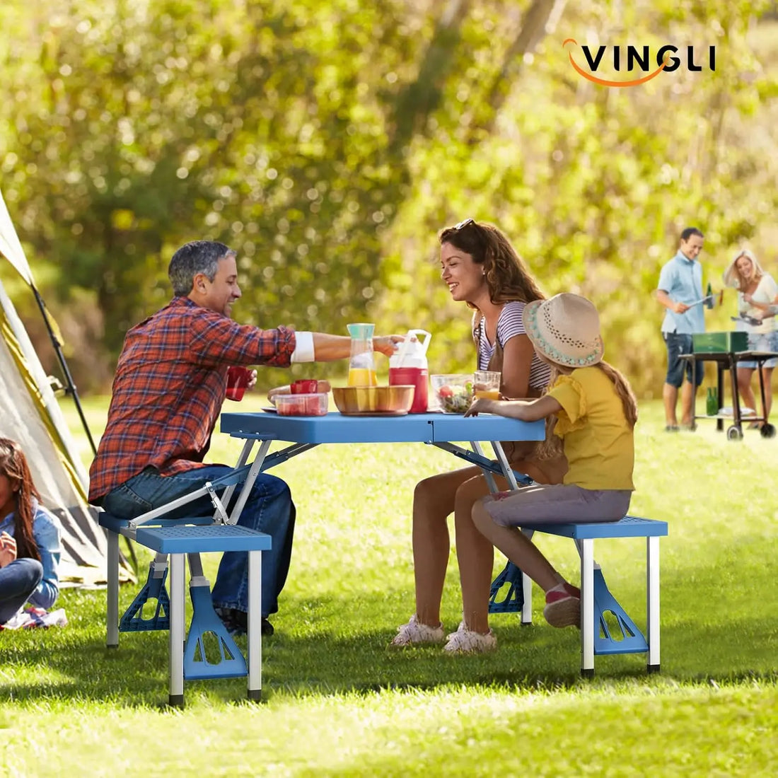 4 Ft Camping Picnic Table Set with 4 Seats with Umbrella Hole Folding Lightweight Suitcase Card Table-220 Lbs Support Aluminum F